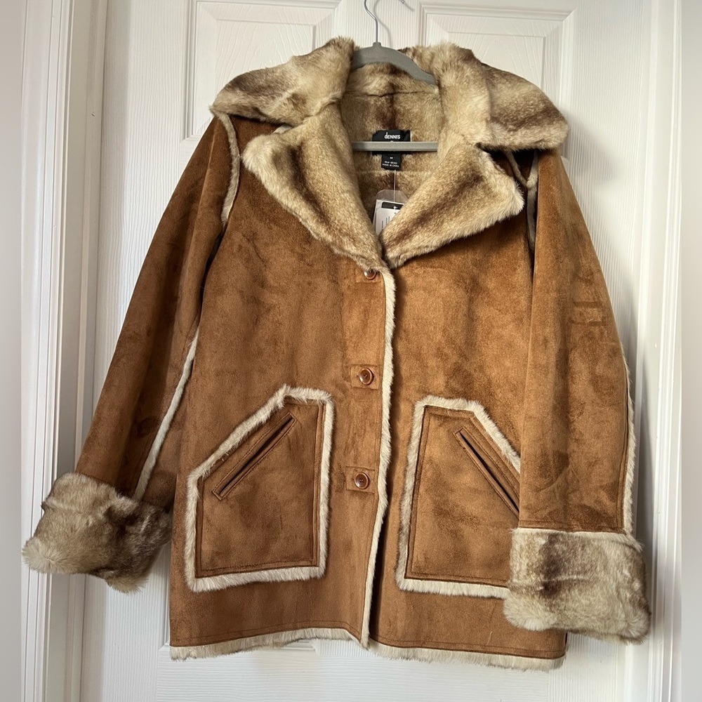 Dennis Basso Brown Faux Suede faux Fur reversible shearing coat jacket size M